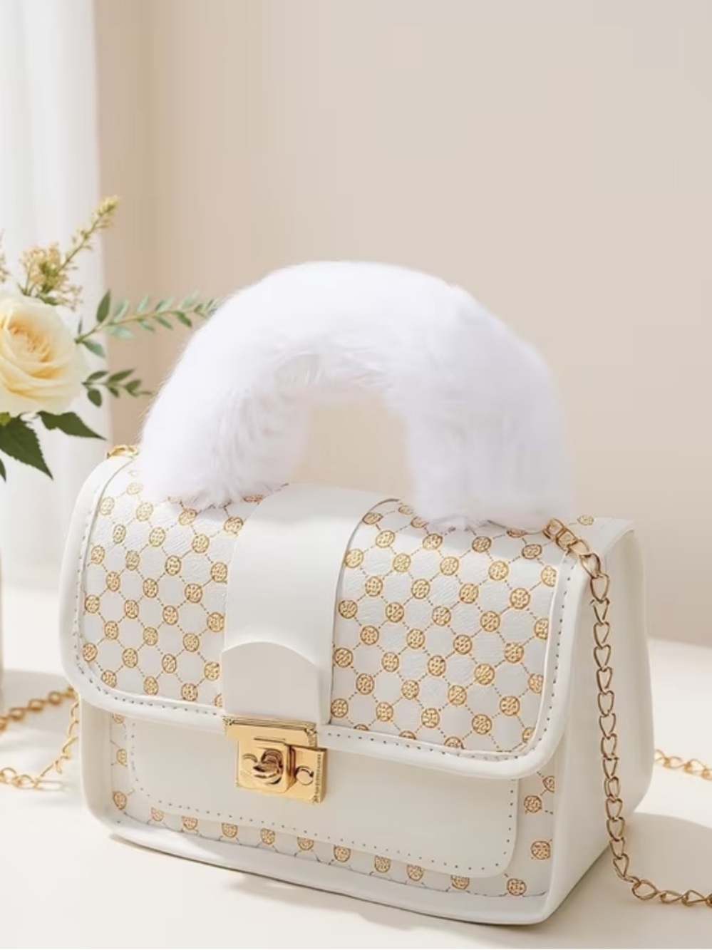 Elegant White Faux Fur Top-Handle Shoulder Bag with Gold Hardware